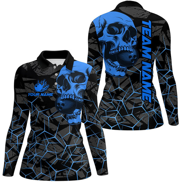 Black Skull camo bowling shirt for women custom bowling team jerseys, gifts for bowlers | Blue NQS8073