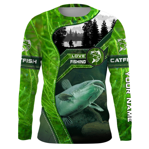 Catfish Fishing shirt green water camo Custom name long sleeves fishing shirt NQS2652
