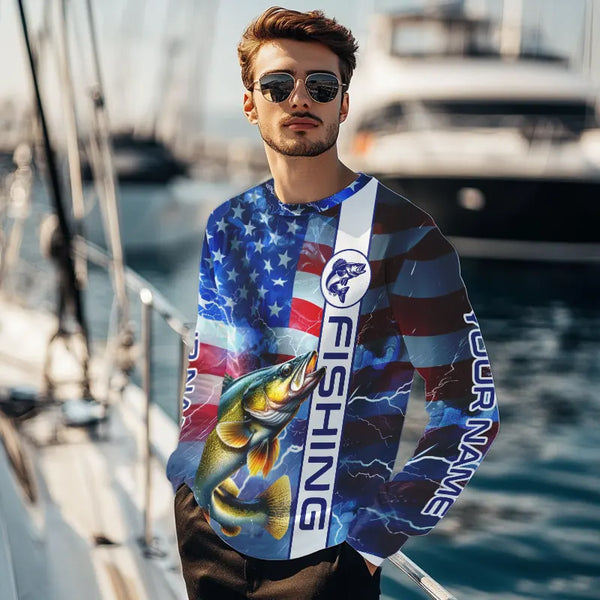 American Flag Walleye lightning Long Sleeve Fishing Shirts custom Patriotic Walleye fishing jerseys NQS9561
