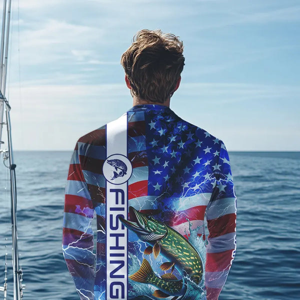 American Flag Northern Pike lightning Long Sleeve Fishing Shirts custom Patriotic Pike fishing jerseys NQS9562