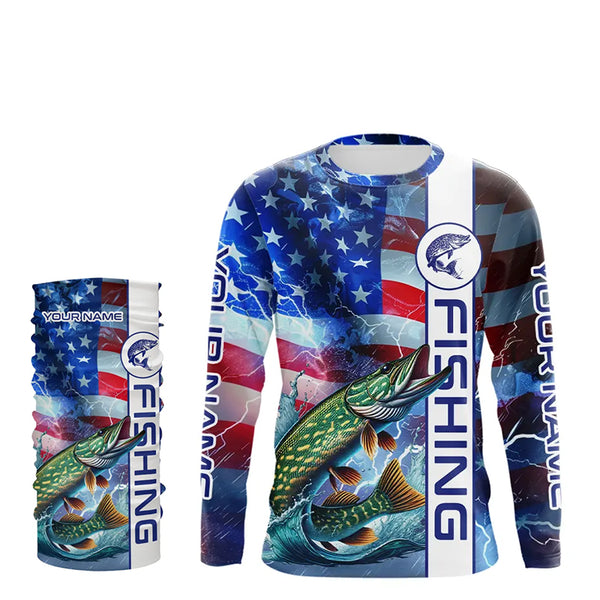American Flag Northern Pike lightning Long Sleeve Fishing Shirts custom Patriotic Pike fishing jerseys NQS9562