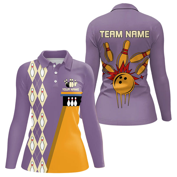 Blue & Purple Retro Bowling Polo, Quarter Zip shirt for Women Custom vintage team bowling jersey NQS9720