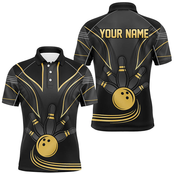 Personalized Men Bowling Polo, Quarter Zip Shirt Black and Gold Men Bowlers Custom Team Bowling Jersey NQS8313