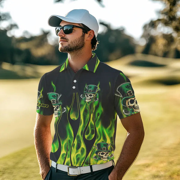 Mens golf polo shirts Green clover skull St Patrick's Day golf shirts custom green fire golf apparel NQS7055