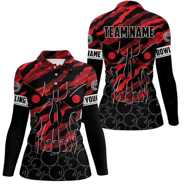 Personalized Skull Bowling polo Shirt for women Custom Team's Name Red camo Bowler Jerseys NQS7321