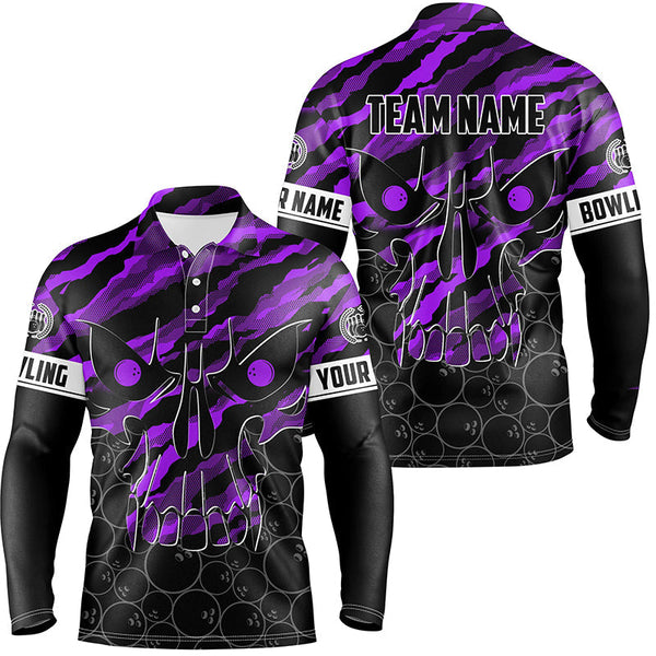 Personalized Skull Bowling polo Shirt for men Custom Team's Name Purple camo Bowler Jerseys NQS7322
