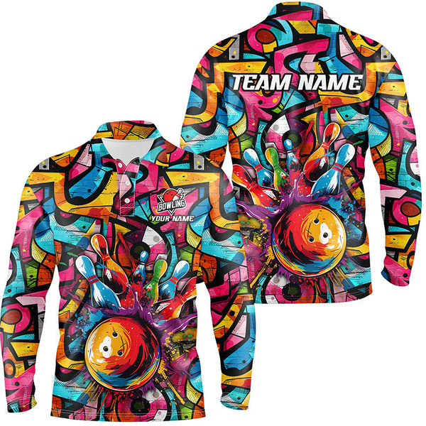 Colorful Graffiti pattern Mens Bowling polo, quarter zip shirt Custom Bowling Team League Jerseys NQS7664