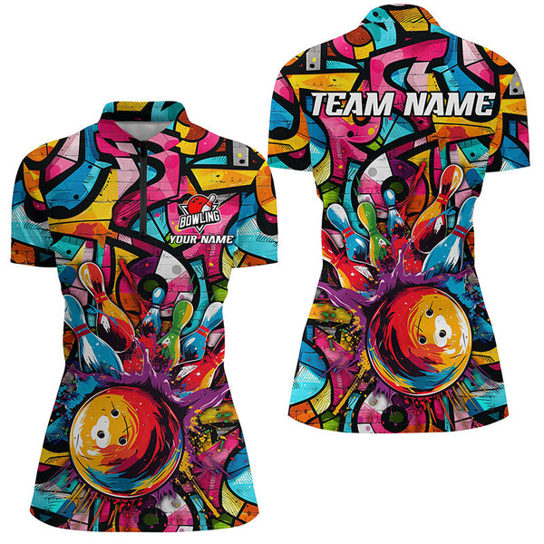 Colorful Graffiti pattern Women Bowling polo, quarter zip shirt Custom Bowling Team League Jerseys NQS7664