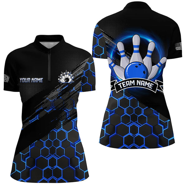 Bowling Jerseys For Women Custom Bowling Polo, Quarter-Zip Shirt Team Bowlers, Bowling Apparel | Blue NQS8513