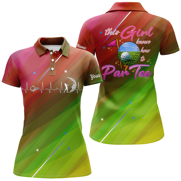 Colorful gradient Womens golf polo shirt custom this girl knows how to par tee, golf gifts for girl NQS5527