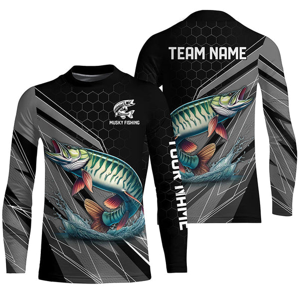 Personalized Black camo Musky Fishing Jerseys, Muskie Long Sleeve Fishing Tournament Shirts NQS8770