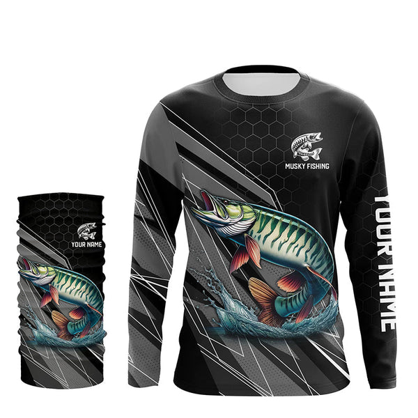 Personalized Black camo Musky Fishing Jerseys, Muskie Long Sleeve Fishing Tournament Shirts NQS8770