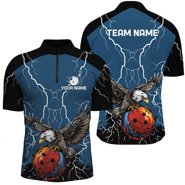 Men's bowling Polo, Quarter Zip shirts Custom Eagle bowling lightning storm team league jerseys | Blue NQS7893