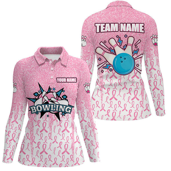 Pink glitter ribbon Women Bowing Polo, 1/4 Zip Shirts Custom Breast Cancer Awareness bowling jerseys NQS8103