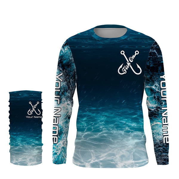 Fish on blue sea water camo Custom Name performance long sleeve fishing shirts uv protection NQS3652