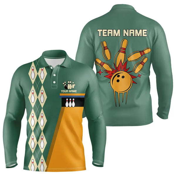Mint Green and Yellow Retro Bowling Polo, Quarter Zip shirt for men Custom vintage team bowling jersey NQS9262