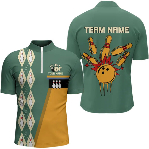 Mint Green and Yellow Retro Bowling Polo, Quarter Zip shirt for men Custom vintage team bowling jersey NQS9262