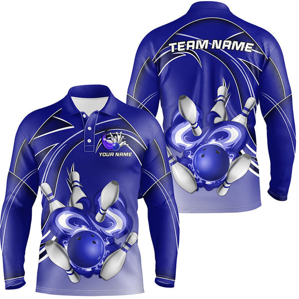 Men Bowling Polo Shirt Custom Bowling ball and pins Team league Jerseys, gifts for bowlers | Blue NQS7073