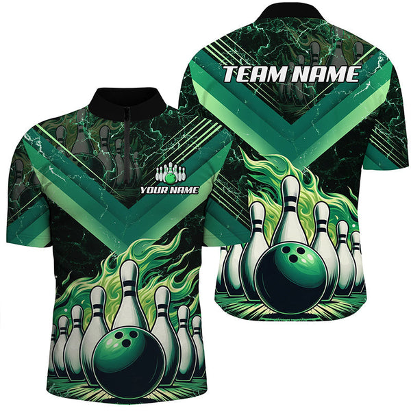 Mens Bowling polo, quarter zip shirts Custom Flame bowling team Jerseys, gift for bowlers | Green NQS7674
