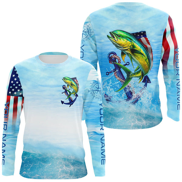 Mahi mahi fishing blue water anchor compass American flag custom patriotic long sleeve Fishing jerseys NQS6902