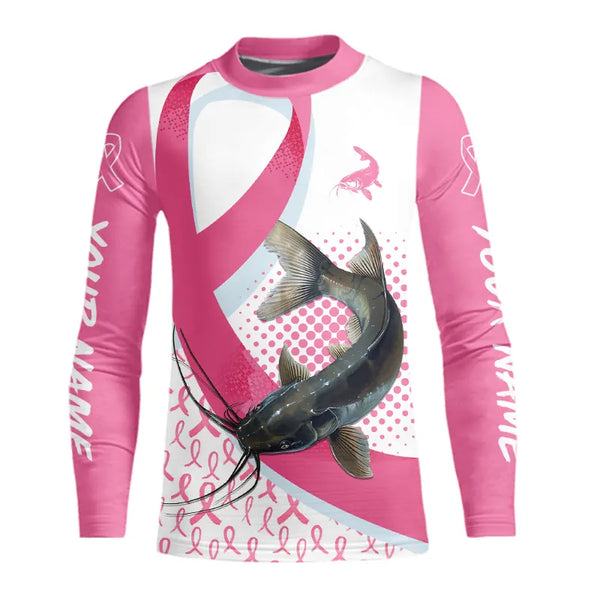 Pink ribbon pattern Catfish fishing Breast Cancer Custom sun protection long sleeves fishing shirts NQS9761