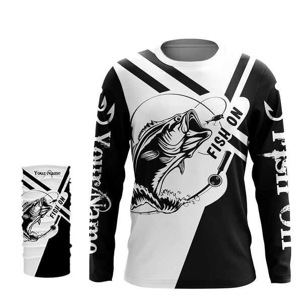 Largemouth Bass Fishing fish on black and white custom name performance fishing shirts NQS899