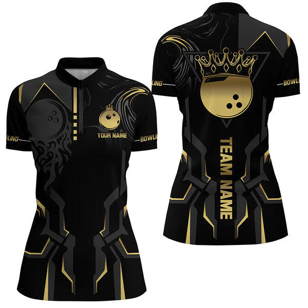 Black and gold Bowling Polo, Quarter Zip Shirts For Women Custom Bowling King Team Jerseys Outfits NQS8564