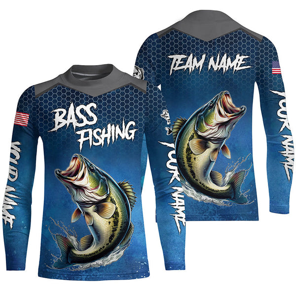 Blue camo Largemouth Bass fishing Custom performance long sleeve team Bass fishing tournament shirts NQS7364