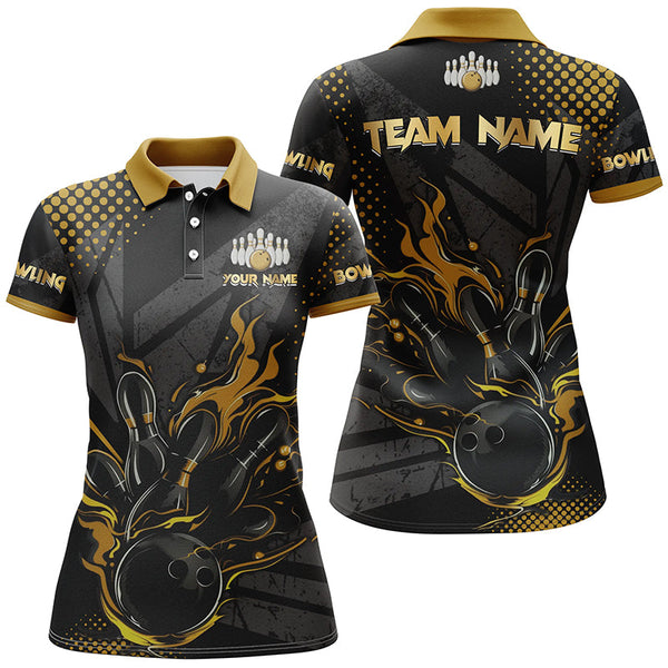 Personalized Black and Gold Bowling Polo, 1/4 Zip Shirts For Women, Custom bowling Team Jerseys NQS8358