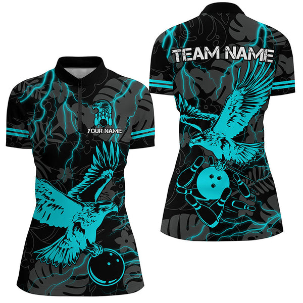 Black tropical Cyan Blue Eagle Bowling Polo, 1/4 Zip Shirts For Women, cool bowling team jerseys NQS8360
