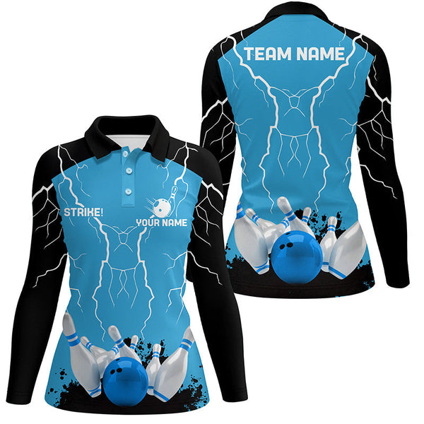 Women bowling polo shirt Custom bowling strike lightning storm thunder team league jerseys | Blue NQS7084