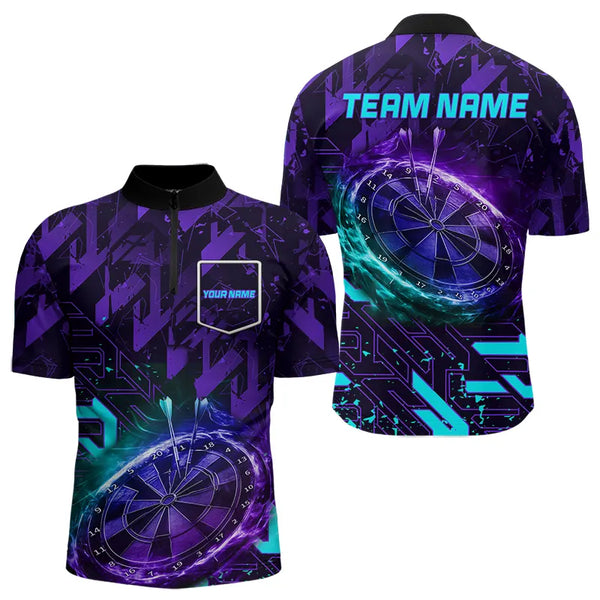Men Darts Polo, Quarter Zip shirts Custom purple blue abstract Darts Team Jerseys, Darts gifts NQS9449