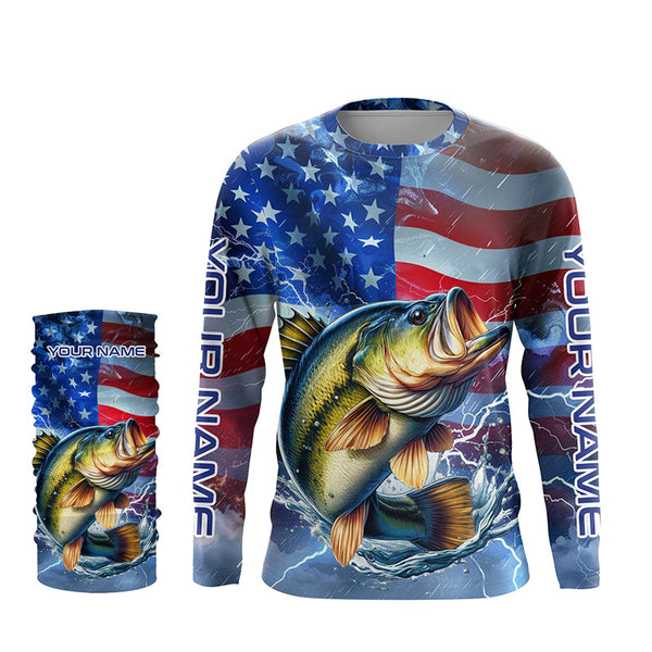 Largemouth Bass fishing American flag Long Sleeve Fishing Shirt custom Lightning Bass fishing jersey NQS7702