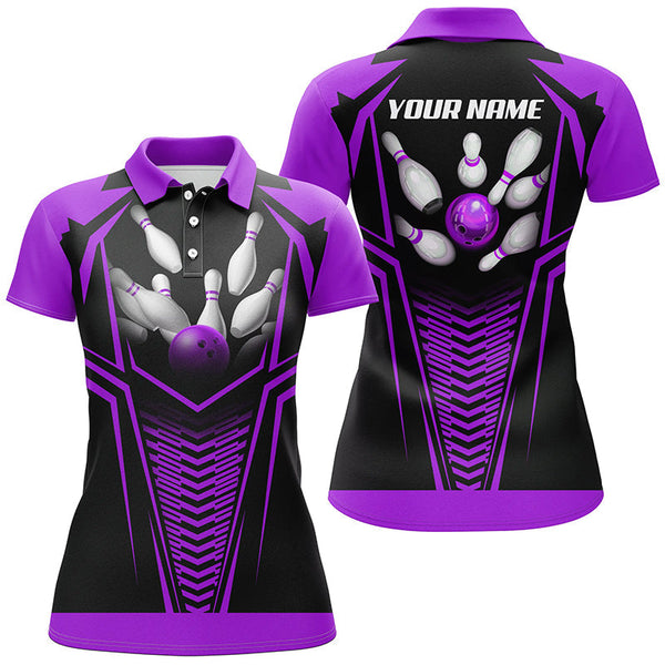 Women Bowling Polo, Quarter Zip Shirts custom Purple and black Bowling Ball and Pins bowling jerseys NQS8136