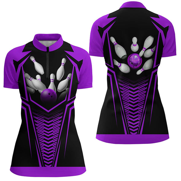 Women Bowling Polo, Quarter Zip Shirts custom Purple and black Bowling Ball and Pins bowling jerseys NQS8136