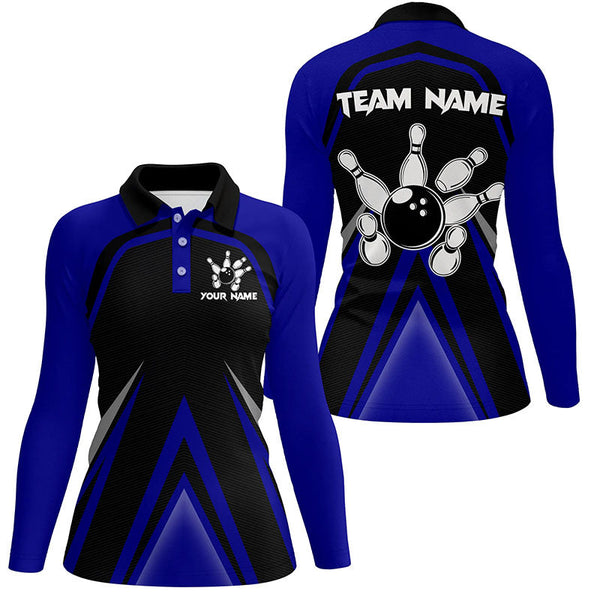 Black and Blue Retro Bowling Polo, Quarter Zip Shirts For Women Custom Team Bowling Jerseys, bowl gift NQS8367