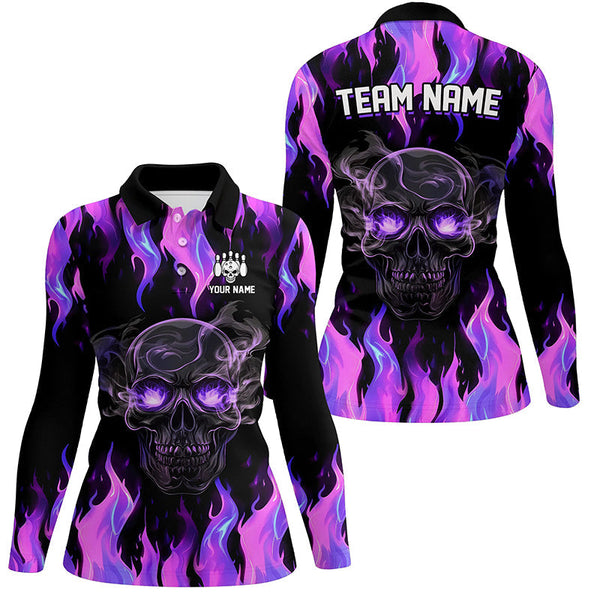 Purple Flame Skull Bowling Polo, 1/4 Zip Shirts For Women Custom Team Bowling Jersey Halloween Outfits NQS8368