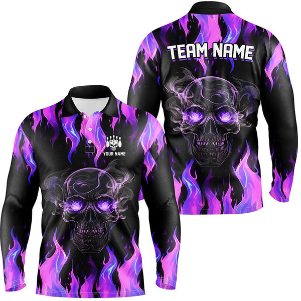 Purple Flame Skull Bowling Polo, 1/4 Zip Shirts For Men Custom Team Bowling Jerseys Halloween Outfits NQS8368