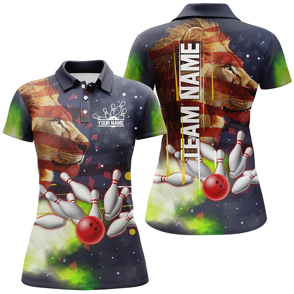 American flag Lion Bowling Polo, Quarter Zip Shirt For Women Custom Patriotic Bowling Team Jerseys NQS8565