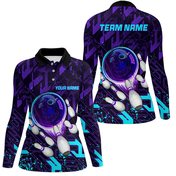 Women bowling polo shirts Custom purple blue abstract Bowling Team league Jerseys, bowling gifts NQS7096