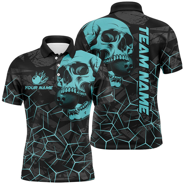 Black Skull camo bowling shirt for men custom bowling team jerseys, gifts for bowlers | Turquoise NQS7567
