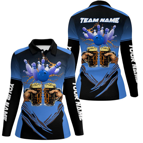 Bowling Beer Black and Blue Bowling Polo, 1/4 Quarter zip shirts Custom Women Team Bowling jerseys NQS8159