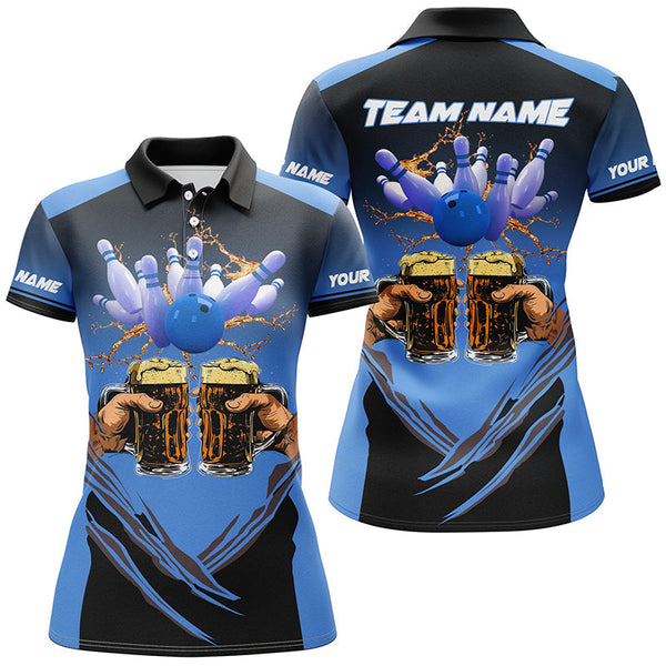 Bowling Beer Black and Blue Bowling Polo, 1/4 Quarter zip shirts Custom Women Team Bowling jerseys NQS8159