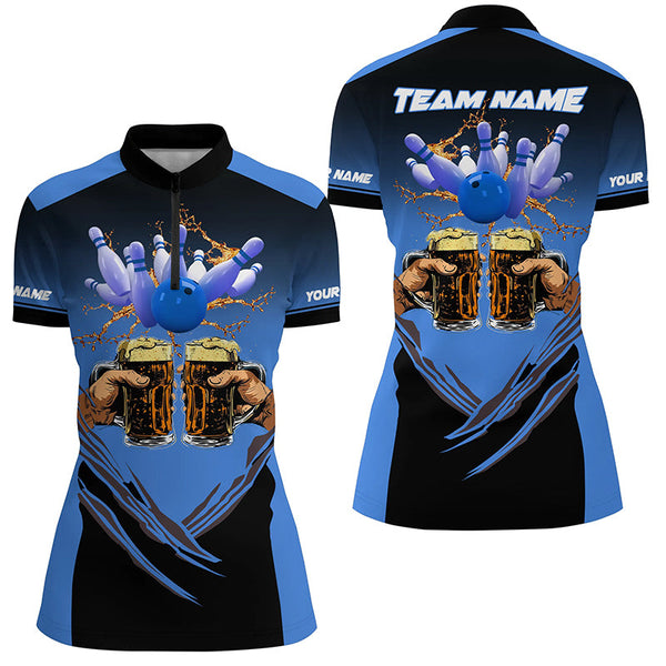 Bowling Beer Black and Blue Bowling Polo, 1/4 Quarter zip shirts Custom Women Team Bowling jerseys NQS8159