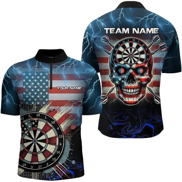 American Flag Skull Dart Board Blue lightning Custom Team Dart Polo, Quarter Zip Shirt For Men NQS9302