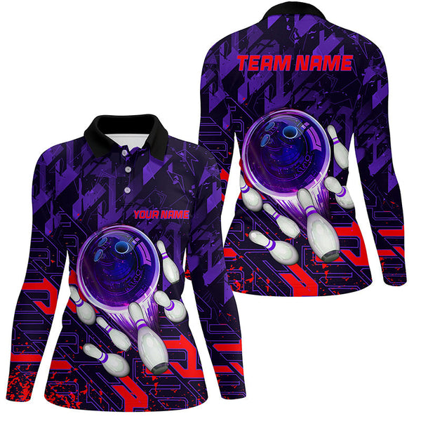 Women bowling polo shirts Custom purple red abstract Bowling Team league Jerseys, bowling gifts NQS7101