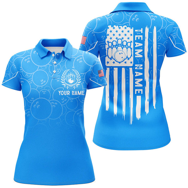 Blue bowling camo Women bowling polo shirt Custom American flag patriotic bowling team league jerseys NQS7215