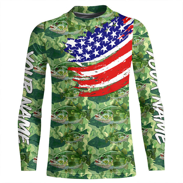 Green Largemouth Bass camo fishing American flag Custom performance long sleeve Bass fishing shirts NQS7387