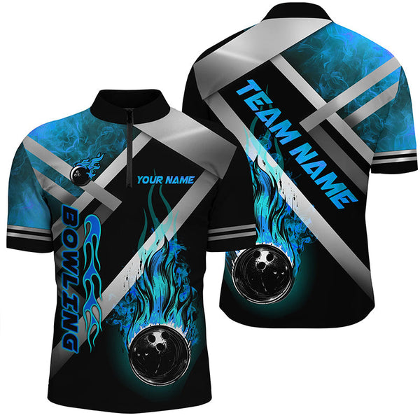Mens bowling shirts Custom Black bowling ball Flame Bowling Team Jerseys, gift for Bowlers | Blue NQS7573