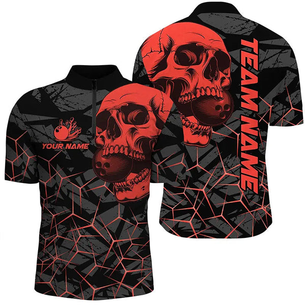 Black Skull camo bowling shirt for men custom bowling team jerseys, gifts for bowlers | Red NQS7716